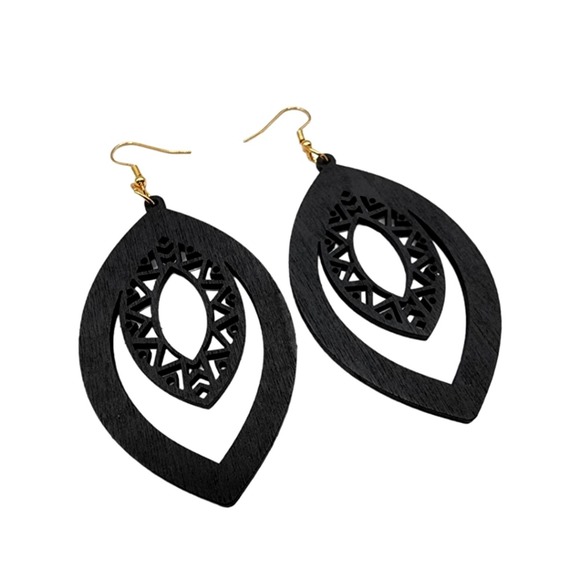 Hollow Cut Wood Bohemian Earrings Jewelry Teardrop Boho Style Black - Picture 4 of 4